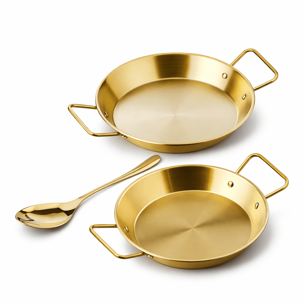 Stainless Steel Golden Serving Tray Round Spanish Seafood Cooking Pan with Two Handles Wok – KOREAN